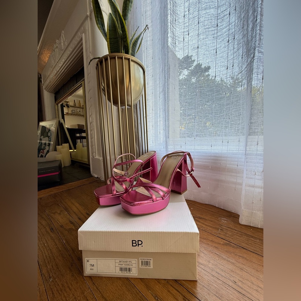 bp Pink Satin Stiletto Heels with ankle strap